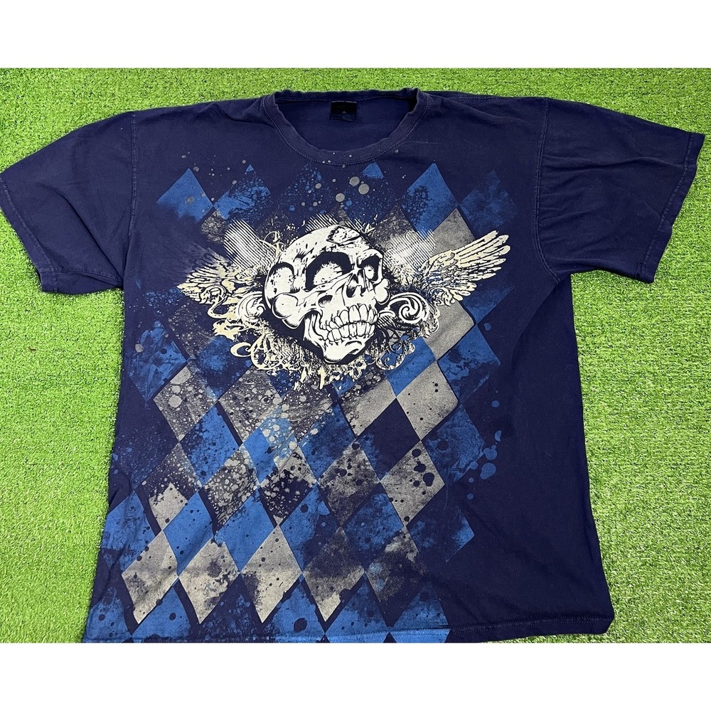 Vintage Y2K Graphic Tee size XL Navy Skull AOP Quail Hollow Indie Sleaze T-Shirt